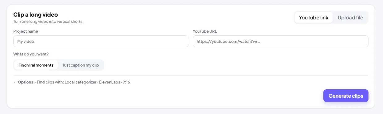 Cvideo's Clipping screen: paste a YouTube link or upload a file, choose find viral moments or just caption, then generate clips.