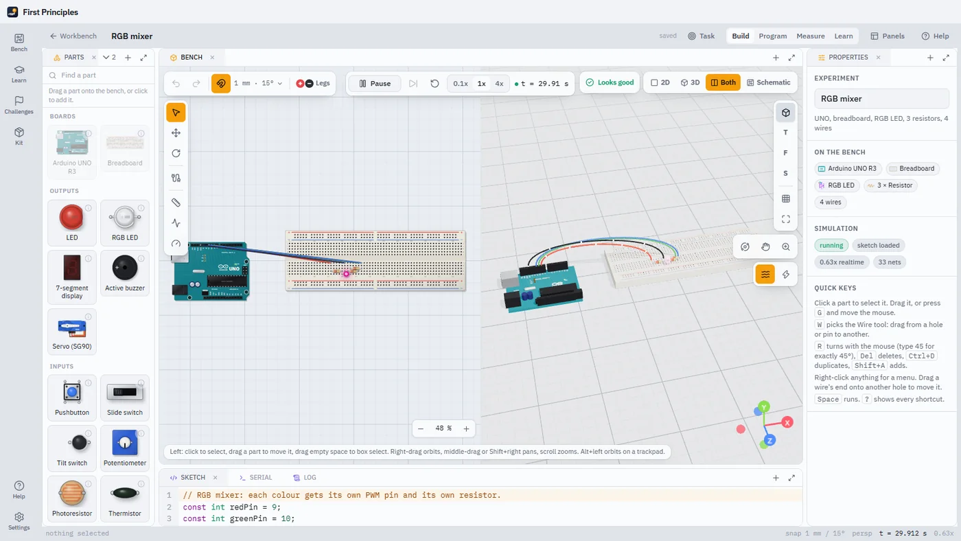 The First Principles bench showing an RGB LED circuit on an Arduino and breadboard, in 2D and 3D side by side, with the parts bin and sketch editor.