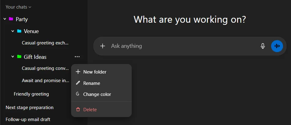 Nested folders inside the ChatGPT sidebar, with the folder menu open for new folder, rename, change colour, and delete.