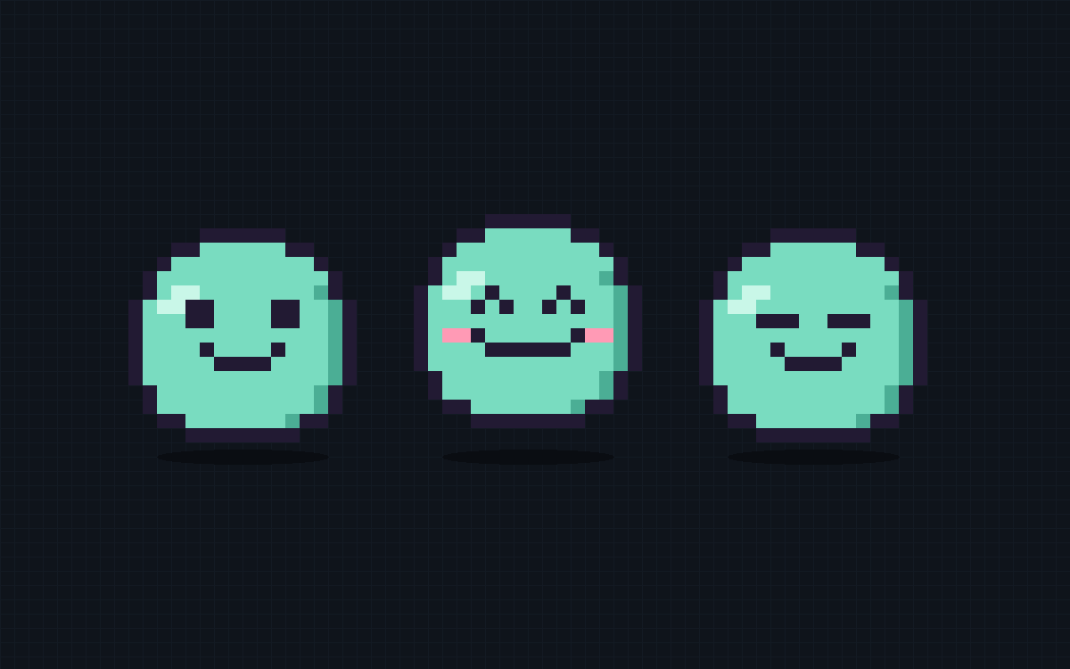 The Pixel Companion creature in three expressions - idle, happy, and blinking - rendered from its hand-authored sprite data.