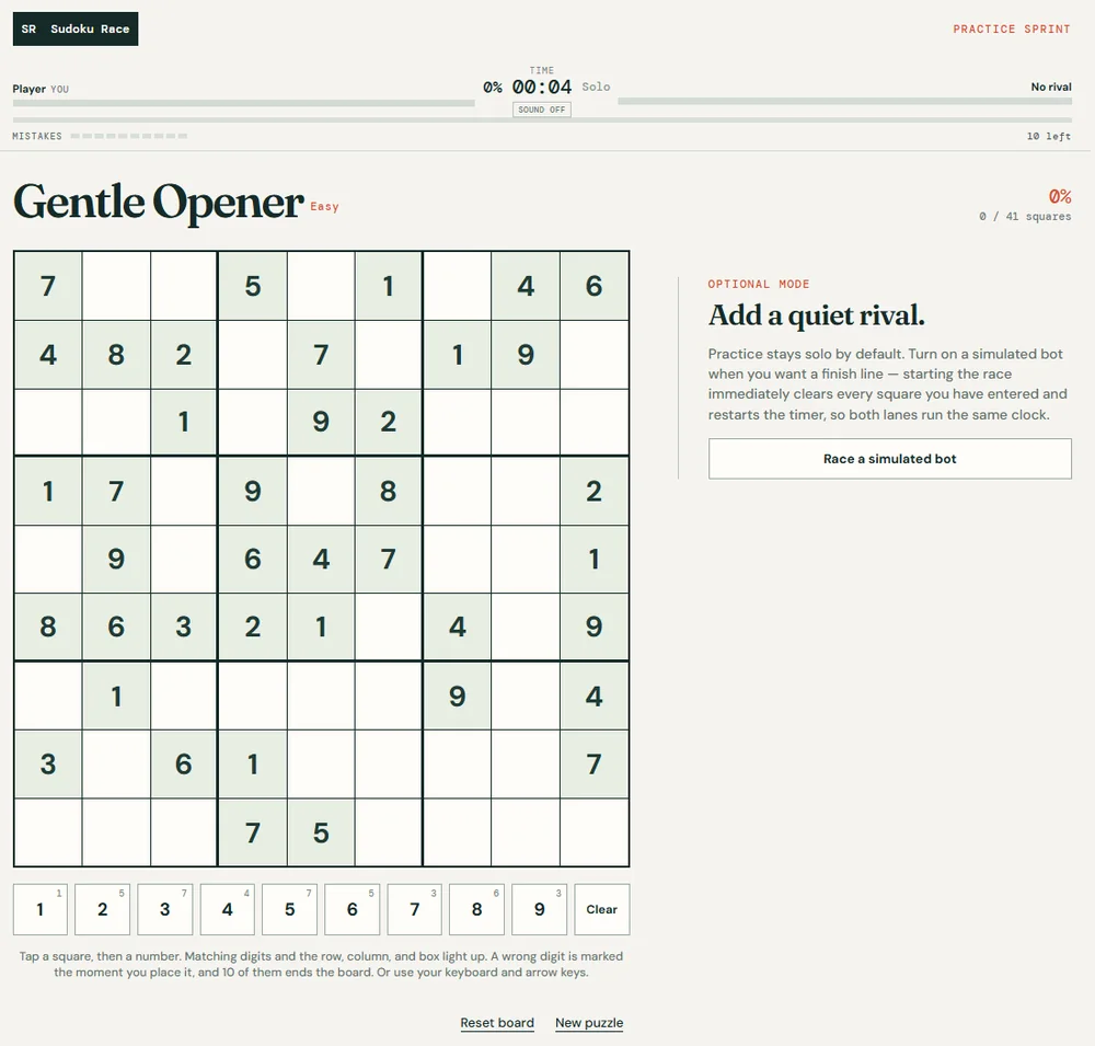 A Sudoku Race practice board mid-game, with the number pad below and a progress bar against your rival above.